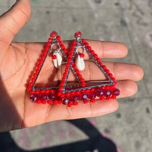 Red Beaded Triangle Earrings with Shell Accents
